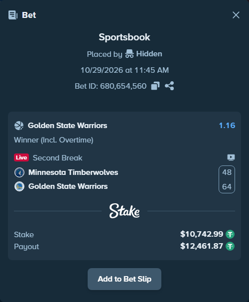 Bet slip: Minnesota Timberwolves - Golden State Warriors, $10,753.73 stake at 1.16 odds, placed by Hidden