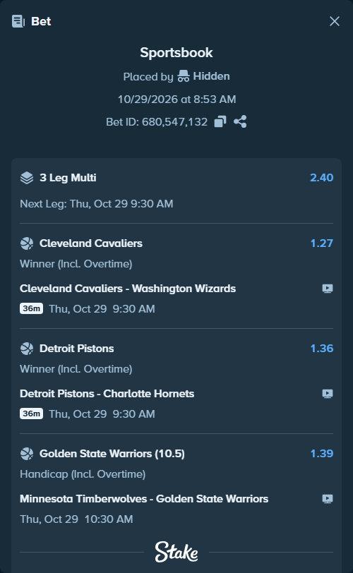 Bet slip: Minnesota Timberwolves - Golden State Warriors, $11,626.81 stake at 1.39 odds, placed by kevera