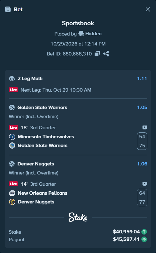 Bet slip: Minnesota Timberwolves - Golden State Warriors, $41,000.00 stake at 1.05 odds, placed by Hidden