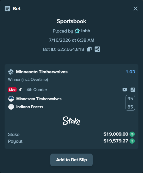 Bet slip: Minnesota Timberwolves - Indiana Pacers, $19,009.00 stake at 1.03 odds, placed by Inhb