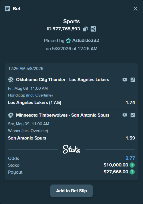Bet slip: Minnesota Timberwolves - San Antonio Spurs, $10,000.00 stake at 1.59 odds, placed by Astudillo232