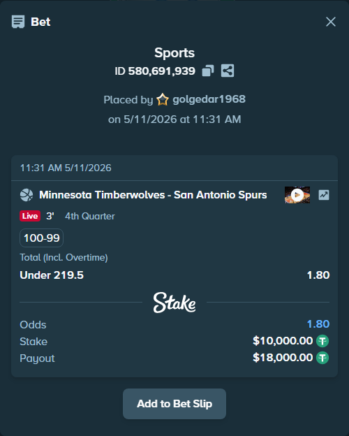 Bet slip: Minnesota Timberwolves - San Antonio Spurs, $10,000.00 stake at 1.80 odds, placed by golgedar1968