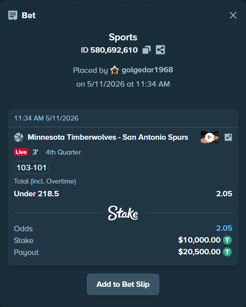 Bet slip: Minnesota Timberwolves - San Antonio Spurs, $10,000.00 stake at 2.05 odds, placed by golgedar1968