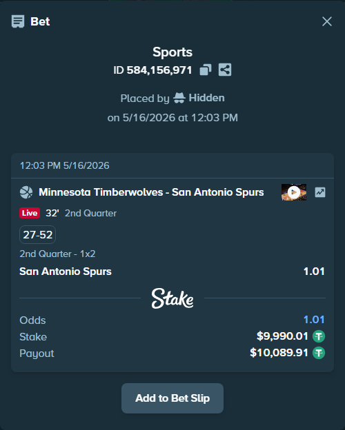 Bet slip: Minnesota Timberwolves - San Antonio Spurs, $10,000.00 stake at 1.01 odds, placed by Hidden