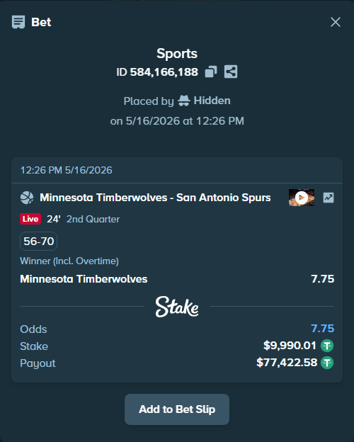 Bet slip: Minnesota Timberwolves - San Antonio Spurs, $10,000.00 stake at 7.75 odds, placed by Hidden