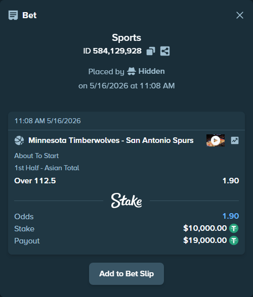 Bet slip: Minnesota Timberwolves - San Antonio Spurs, $10,010.00 stake at 1.90 odds, placed by Hidden
