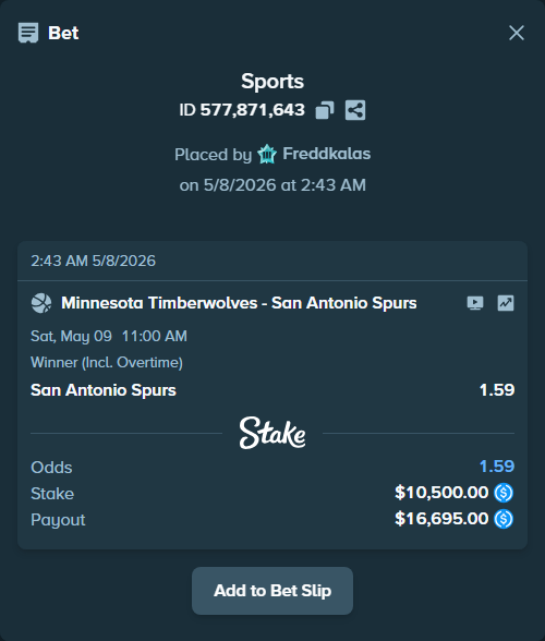 Bet slip: Minnesota Timberwolves - San Antonio Spurs, $10,500.00 stake at 1.59 odds, placed by Freddkalas