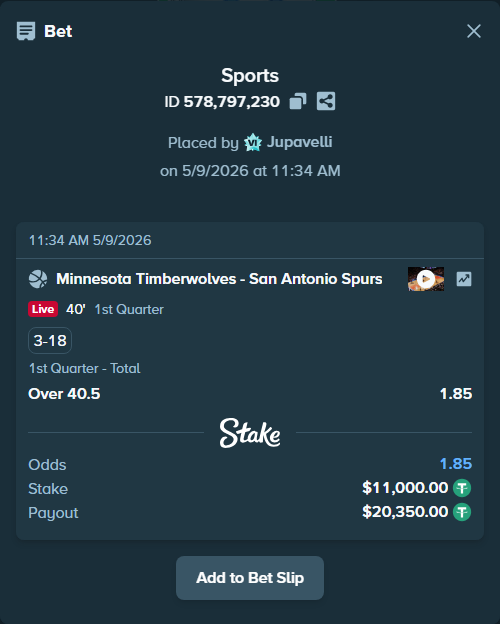 Bet slip: Minnesota Timberwolves - San Antonio Spurs, $11,000.00 stake at 1.85 odds, placed by Jupavelli