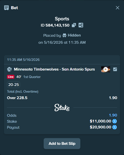 Bet slip: Minnesota Timberwolves - San Antonio Spurs, $11,000.00 stake at 1.90 odds, placed by Hidden