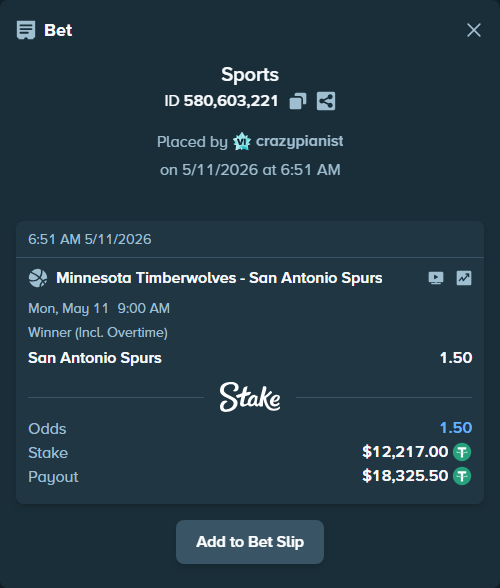Bet slip: Minnesota Timberwolves - San Antonio Spurs, $12,217.00 stake at 1.50 odds, placed by crazypianist