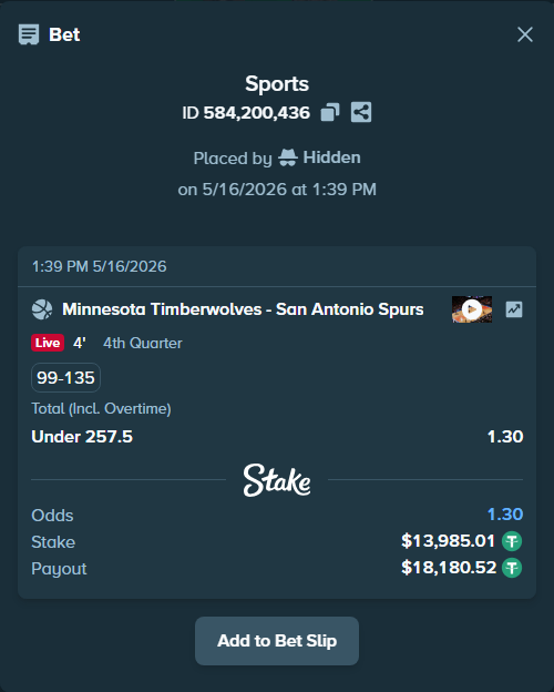 Bet slip: Minnesota Timberwolves - San Antonio Spurs, $13,999.00 stake at 1.30 odds, placed by Hidden