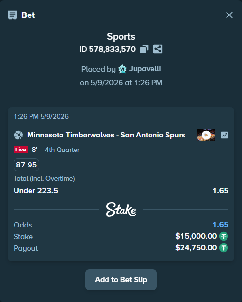 Bet slip: Minnesota Timberwolves - San Antonio Spurs, $15,000.00 stake at 1.65 odds, placed by Jupavelli