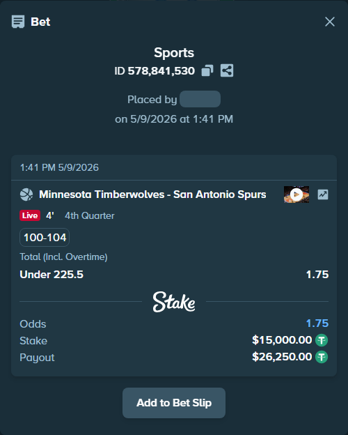 Bet slip: Minnesota Timberwolves - San Antonio Spurs, $15,000.00 stake at 1.75 odds, placed by Jupavelli