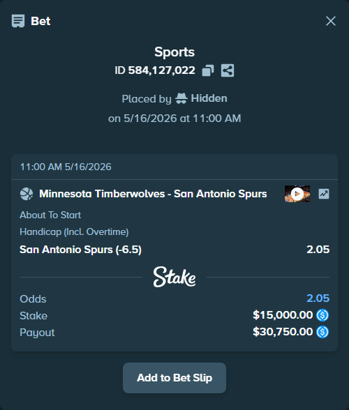Bet slip: Minnesota Timberwolves - San Antonio Spurs, $15,000.00 stake at 2.05 odds, placed by Hidden