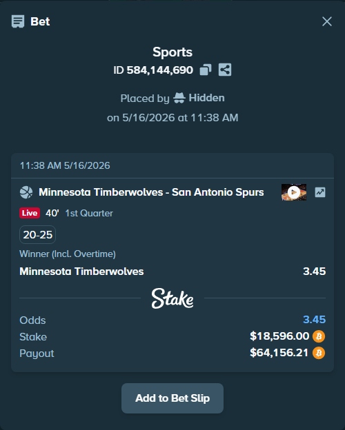 Bet slip: Minnesota Timberwolves - San Antonio Spurs, $15,099.31 stake at 3.45 odds, placed by Hidden