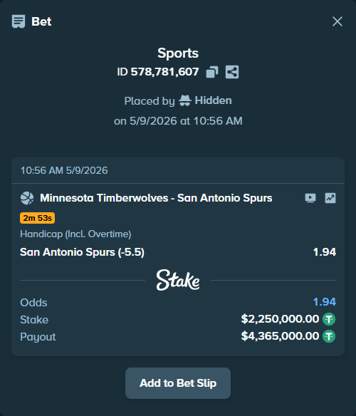 Bet slip: Minnesota Timberwolves - San Antonio Spurs, $2,250,000.00 stake at 1.94 odds, placed by Hidden