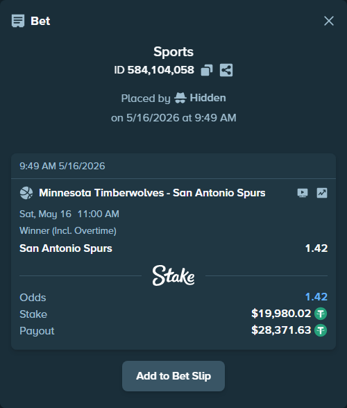 Bet slip: Minnesota Timberwolves - San Antonio Spurs, $20,000.00 stake at 1.42 odds, placed by Hidden