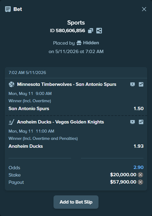 Bet slip: Minnesota Timberwolves - San Antonio Spurs, $15,801.00 stake at 1.50 odds, placed by Rosspicks