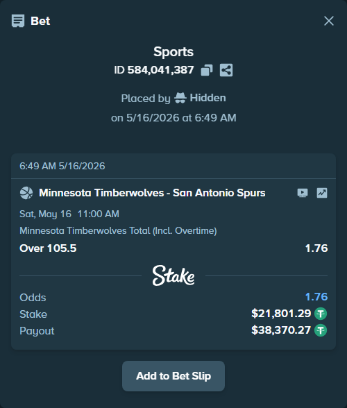 Bet slip: Minnesota Timberwolves - San Antonio Spurs, $21,823.09 stake at 1.76 odds, placed by Agusbob