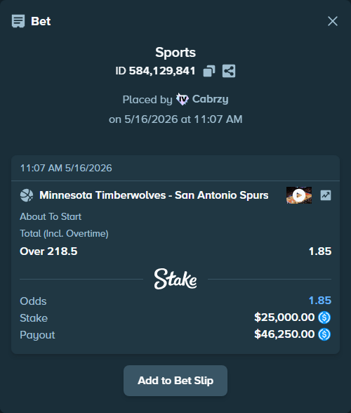 Bet slip: Minnesota Timberwolves - San Antonio Spurs, $25,000.00 stake at 1.85 odds, placed by Cabrzy