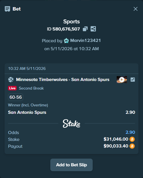 Bet slip: Minnesota Timberwolves - San Antonio Spurs, $24,391.26 stake at 2.90 odds, placed by Marvin123421