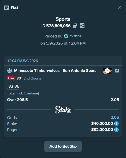 Bet slip: Minnesota Timberwolves - San Antonio Spurs, $40,000.00 stake at 2.05 odds, placed by ckranz