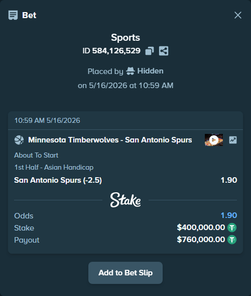 Bet slip: Minnesota Timberwolves - San Antonio Spurs, $400,400.00 stake at 1.90 odds, placed by Hidden
