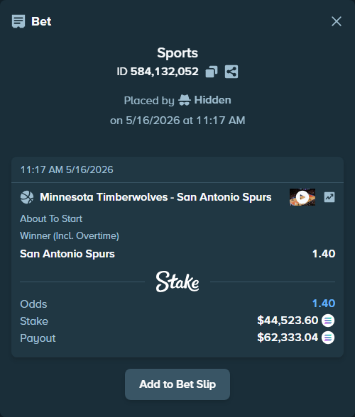 Bet slip: Minnesota Timberwolves - San Antonio Spurs, $36,560.00 stake at 1.40 odds, placed by Hidden
