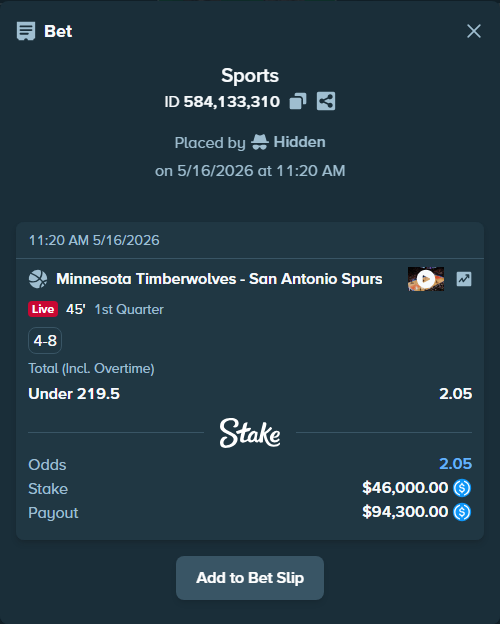 Bet slip: Minnesota Timberwolves - San Antonio Spurs, $46,000.00 stake at 2.05 odds, placed by Hidden