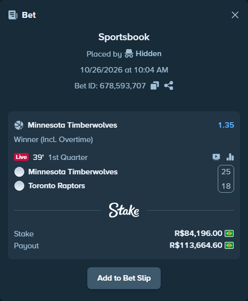 Bet slip: Minnesota Timberwolves - Toronto Raptors, $16,839.20 stake at 1.35 odds, placed by Hidden