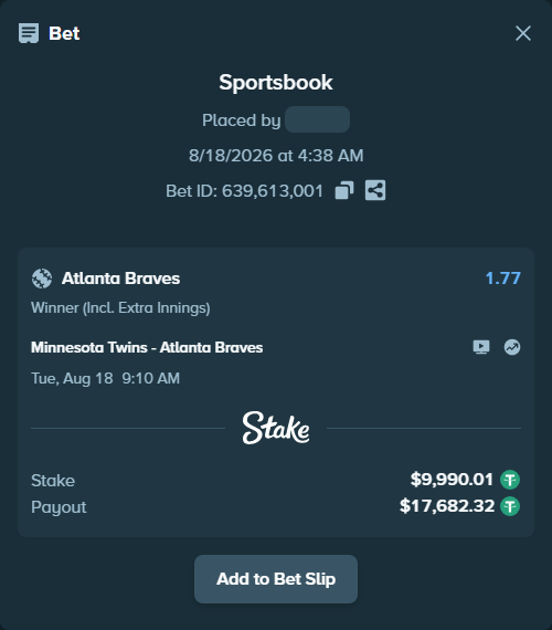 Bet slip: Minnesota Twins - Atlanta Braves, $10,000.00 stake at 1.77 odds, placed by runci