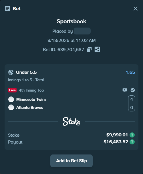 Bet slip: Minnesota Twins - Atlanta Braves, $10,000.00 stake at 1.65 odds, placed by Pepi1968