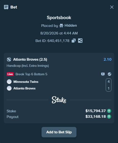 Bet slip: Minnesota Twins - Atlanta Braves, $15,794.37 stake at 2.10 odds, placed by Hidden