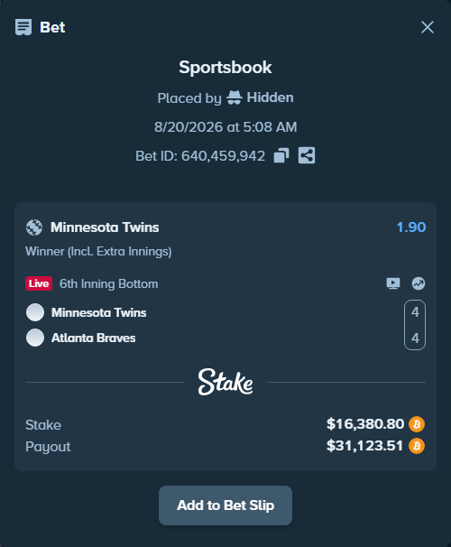 Bet slip: Minnesota Twins - Atlanta Braves, $16,597.45 stake at 1.90 odds, placed by Hidden