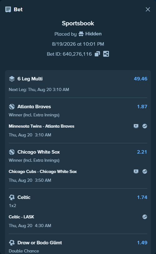 Bet slip: Minnesota Twins - Atlanta Braves, $25,000.00 stake at 1.87 odds, placed by Hidden