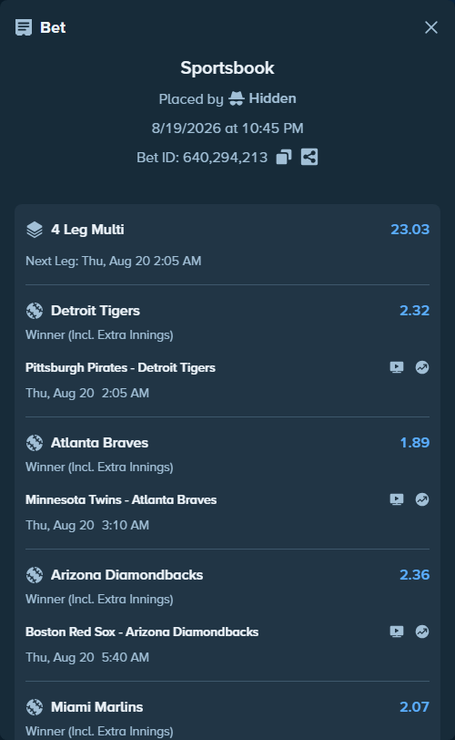 Bet slip: Minnesota Twins - Atlanta Braves, $50,000.00 stake at 1.89 odds, placed by Hidden