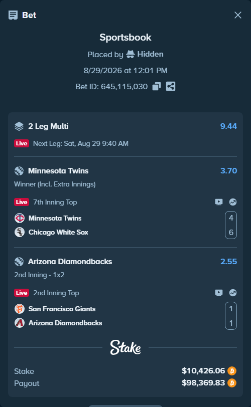 Bet slip: Minnesota Twins - Chicago White Sox, $10,418.66 stake at 3.70 odds, placed by Hidden