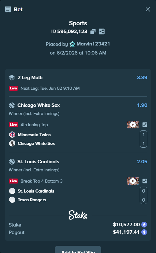 Bet slip: Minnesota Twins - Chicago White Sox, $9,181.12 stake at 1.90 odds, placed by Marvin123421