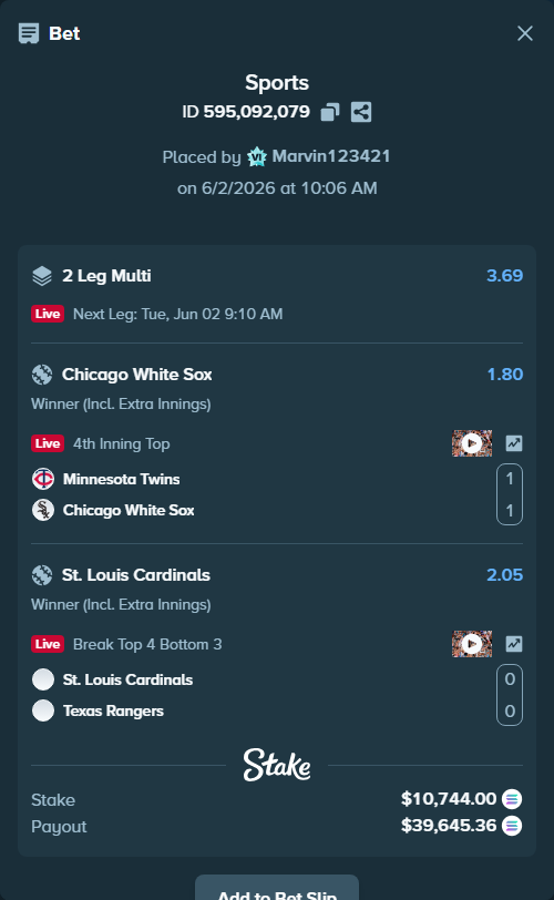 Bet slip: Minnesota Twins - Chicago White Sox, $9,748.54 stake at 1.80 odds, placed by Marvin123421