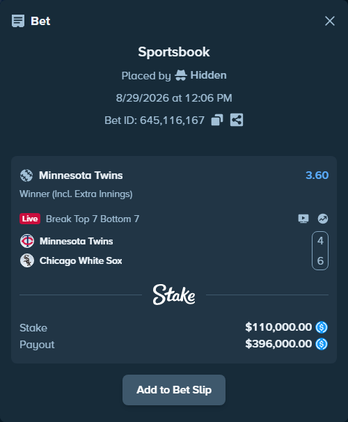 Bet slip: Minnesota Twins - Chicago White Sox, $110,000.00 stake at 3.60 odds, placed by Hidden