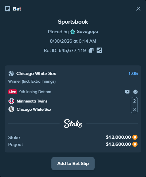 Bet slip: Minnesota Twins - Chicago White Sox, $11,998.76 stake at 1.05 odds, placed by Savagepo