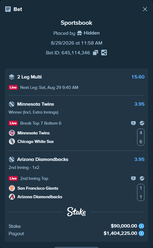 Bet slip: Minnesota Twins - Chicago White Sox, $90,000.00 stake at 3.95 odds, placed by Hidden
