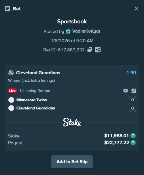 Bet slip: Minnesota Twins - Cleveland Guardians, $12,000.00 stake at 1.90 odds, placed by VadimKotlyar