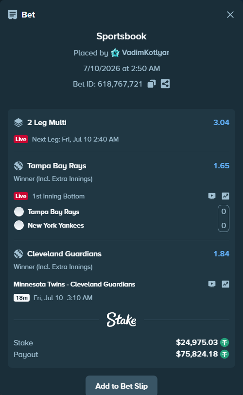 Bet slip: Minnesota Twins - Cleveland Guardians, $25,000.00 stake at 1.84 odds, placed by VadimKotlyar