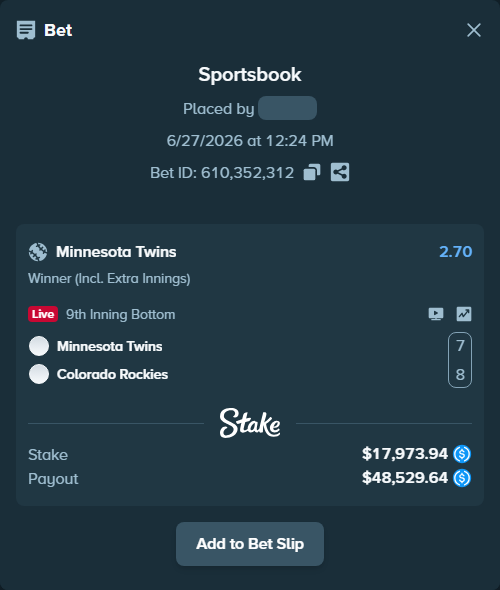 Bet slip: Minnesota Twins - Colorado Rockies, $17,973.94 stake at 2.70 odds, placed by scrubbylolol