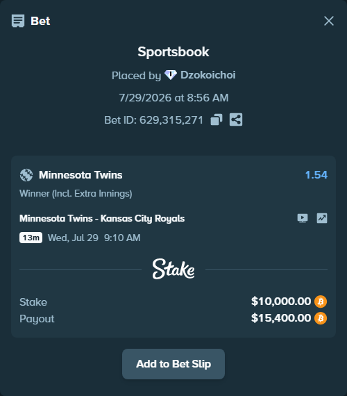 Bet slip: Minnesota Twins - Kansas City Royals, $10,118.17 stake at 1.54 odds, placed by Dzokoichoi