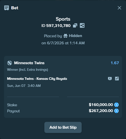 Bet slip: Minnesota Twins - Kansas City Royals, $160,000.00 stake at 1.67 odds, placed by Hidden