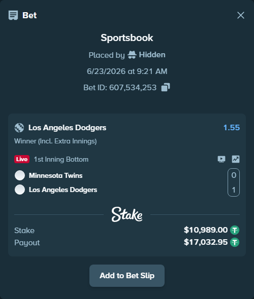 Bet slip: Minnesota Twins - Los Angeles Dodgers, $10,999.99 stake at 1.55 odds, placed by Hidden