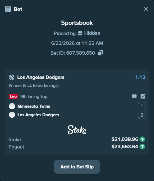 Bet slip: Minnesota Twins - Los Angeles Dodgers, $21,060.00 stake at 1.12 odds, placed by Hidden