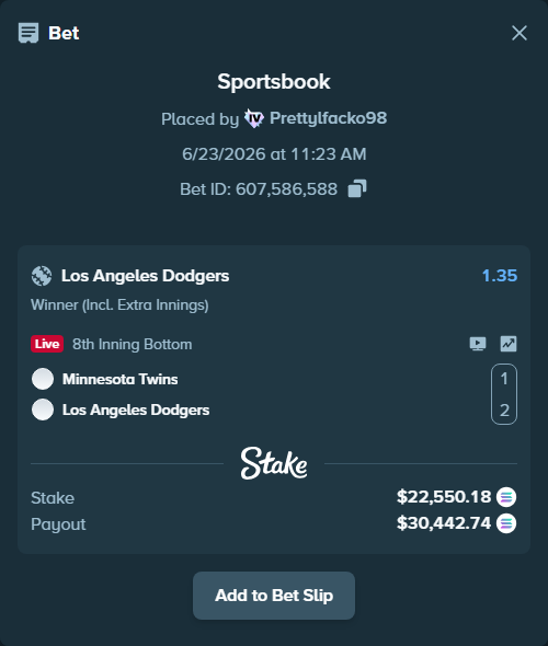 Bet slip: Minnesota Twins - Los Angeles Dodgers, $23,315.08 stake at 1.35 odds, placed by Prettylfacko98